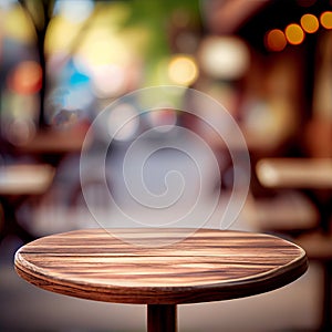 Wooden table top in cafe blurred bokeh background - AI generated image