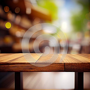 Wooden table top in cafe blurred bokeh background - AI generated image