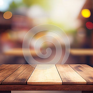 Wooden table top in cafe blurred bokeh background - AI generated image