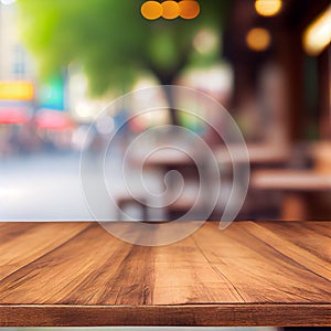 Wooden table top in cafe blurred bokeh background - AI generated image