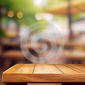 Wooden table top in cafe blurred bokeh background - AI generated image