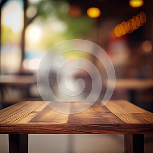 Wooden table top in cafe blurred bokeh background - AI generated image