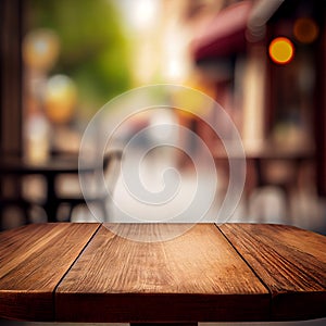 Wooden table top in cafe blurred bokeh background - AI generated image