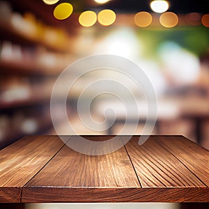 Wooden table top in cafe blurred bokeh background - AI generated image