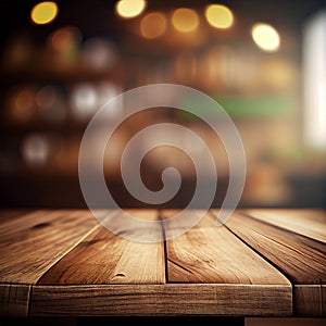 Wooden table top in cafe blurred bokeh background - AI generated image