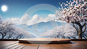 Wooden table top circle display showcase stage with background of white Cherry Blossom flowers and mountains landscape view.