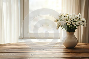 Wooden table top with copy space for product advertising in old vintage kitchen. Table and vase with white spring