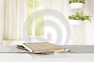 Wooden table top with cutting board and space for products.