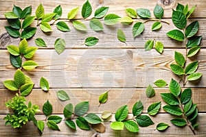 Wooden table top with spring green leafs as frame and free space for text