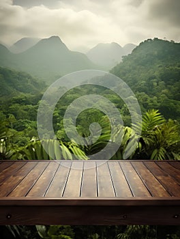 Wooden table top on green forest background for product display montage