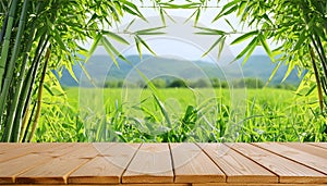 Wooden table top on green rice field and bamboo leaves background. Generated AI