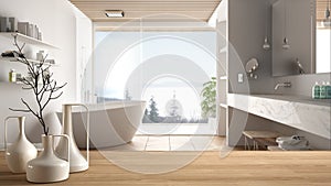 Wooden table top or shelf with minimalistic modern vases over blurred minimal luxuty bathroom with panoramic window, shower and