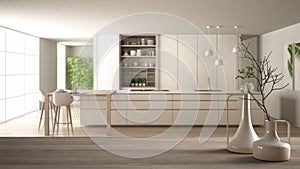 Wooden table top or shelf with minimalistic modern vases over blurred modern white kitchen with wooden details and parquet floor,