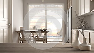 Wooden table top or shelf with minimalistic modern vases over blurred modern white and wooden kitchen, dining table, panoramic