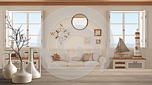 Wooden table top or shelf with minimalistic modern vases over living room with sofa and panoramic windows, marine style, nautical