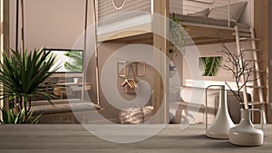 Wooden table top or shelf with minimalistic modern vases over studio apartment with loft bunk double bed, mezzanine, swing. Lounge