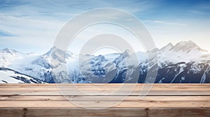 Wooden table top on snow mountain background, for product display montage Generative AI