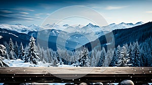 Wooden table top on snowy mountains background