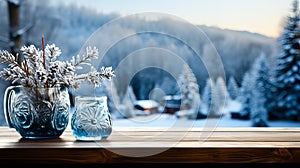 Wooden table top on snowy mountains background