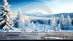 Wooden table top on snowy mountains background