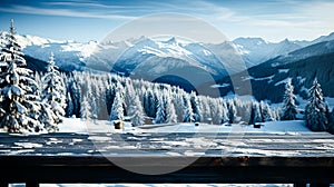 Wooden table top on snowy mountains background