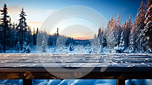 Wooden table top on snowy mountains background