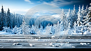 Wooden table top on snowy mountains background