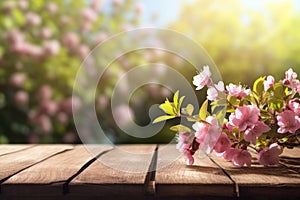 Wooden table top with a view of the blooming spring garden