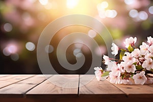 Wooden table top with a view of the blooming spring garden