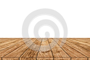 wooden table top on a white background for displaying edited products or designing important photo layout backgrounds 3d rendering