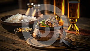 a wooden table topped with bowls of food and a bowl of rice