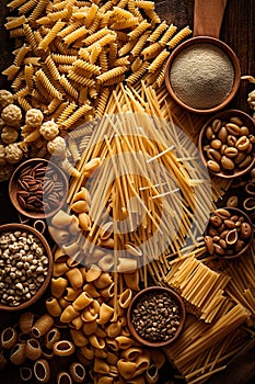 A wooden table topped with lots of different types of pasta. Generative AI image.
