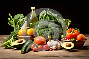 A wooden table topped with lots of different types of vegetables, AI