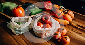 A wooden table topped with lots of different types of vegetables. AI generative image.