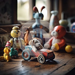 A wooden table topped with toys and a teddy bear. Generative AI image.