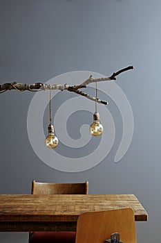 Wooden table and tree lamp vintage decoration