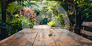 Wooden Table in Tropical Garden