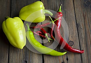 On a wooden table are two bell peppers, a hot green pepper, a hot red pepper and a lot of small chilies. Different types of pepper