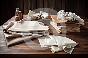 wooden table with a variety of napkins, including cloth and paper