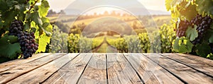 Wooden Table with Vineyard and Grapes, Wine, Winery