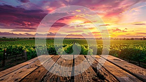 The Wooden Table Vineyard Sunset.AI generated image