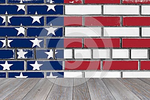 wooden table and wall painted to us flag colors, abstract scratched background