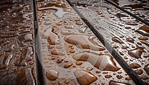 Wooden table wet from the rain with waterdrops