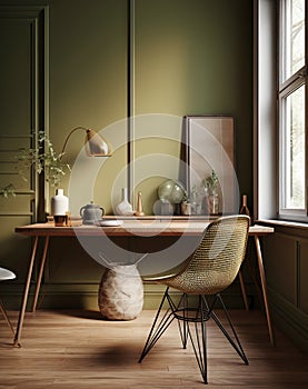 Wooden table wicker chair against green wall with space for text. Interior design of modern living room. Created with generative