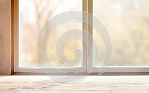 Wooden table with window and blurred nature garden park background. Copy space.