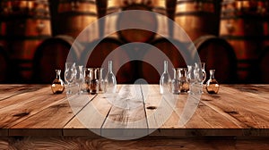 Wooden table with Wine barrels in wine-vaults in order on background