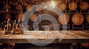 Wooden table with Wine barrels in wine-vaults in order on background