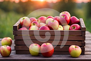 Wooden deck table with a wooden box with apples, blurred yard background.