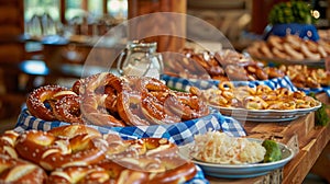Wooden tables decorated with blue and white checkered tablecloths adorned with overflowing platters of bratwurst photo