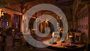 Wooden tables with food and drink in a fantasy medieval tavern, lit by flickering candlelight. Animation